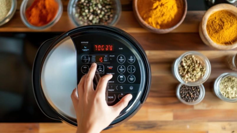 Vue de dessus d'une main réglant le panneau de contrôle numérique d'une friteuse à air, entourée de bols d'épices colorées pour tester un tableau de conversion air fryer.