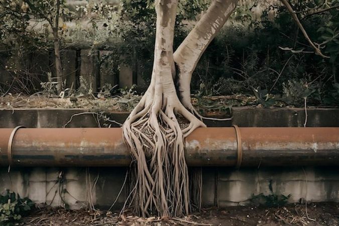 Racines d'arbre s'enroulant autour d'un tuyau métallique pour illustrer comment déboucher une canalisation enterrée pleine de racines sans tout creuser.