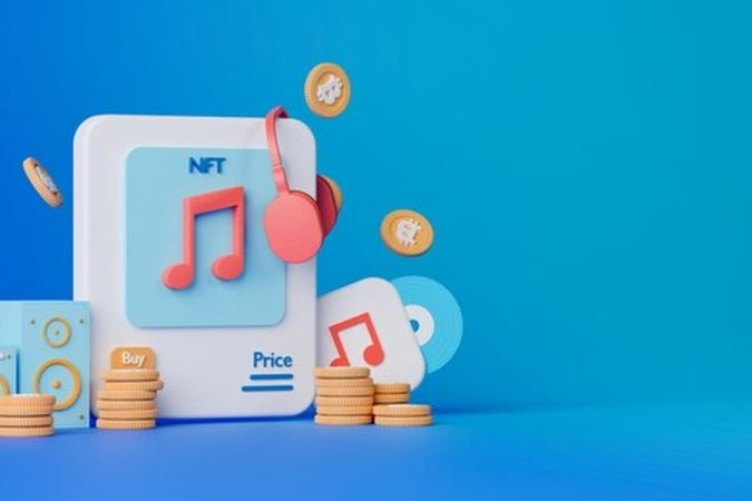 Interface numérique 3D avec des icônes musicales, un casque et des pièces de monnaie illustrant comment devenir curateur de playlists Spotify et monétiser ses sélections en 2024.