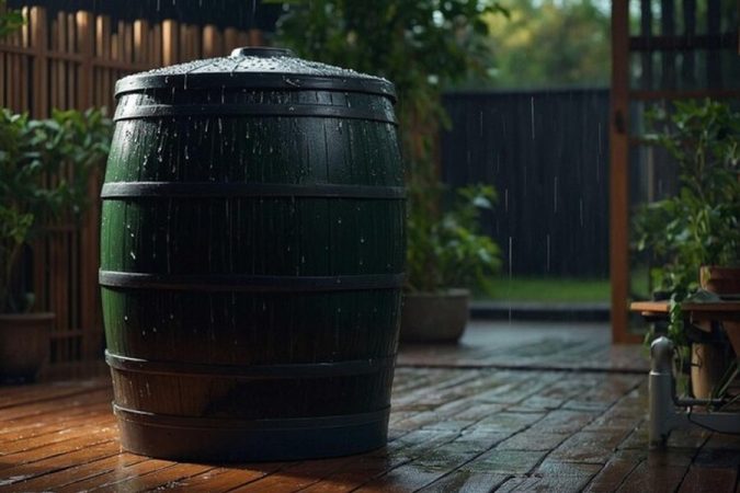 Un tonneau récupérateur d'eau de pluie vert foncé installé sur un balcon en bois sous une pluie battante, une solution pratique pour savoir comment installer un récupérateur d’eau de pluie sur un balcon : Guide complet et réglementation.