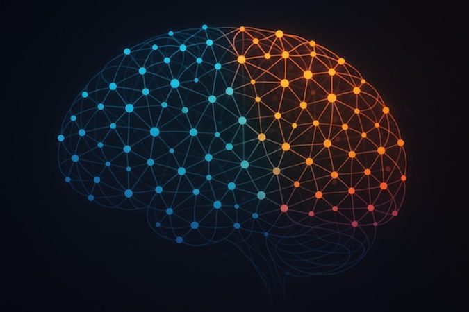 Un réseau complexe de connexions neuronales lumineuses en bleu et orange montrant comment la neuroplasticité permet de reprogrammer son cerveau à tout âge : le guide scientifique.