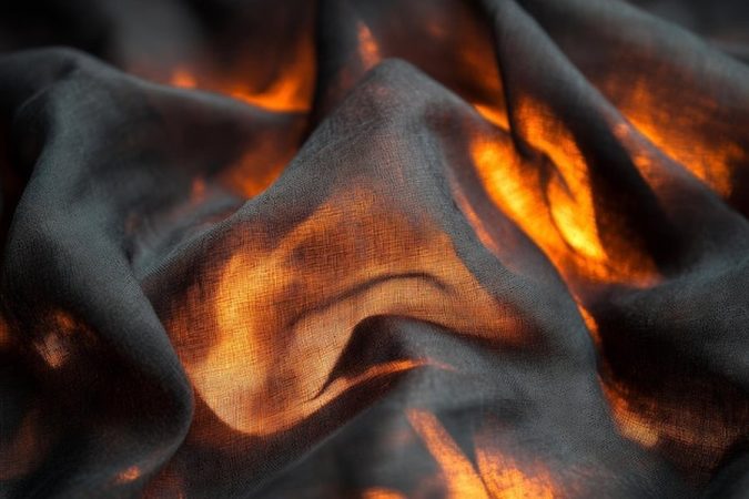 Un tissu sombre aux reflets orangés évoquant la chaleur pour apprendre Comment reconnaître les fibres textiles : Guide complet du test de combustion pour identifier vos tissus.