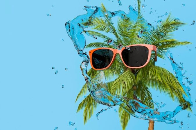 Des lunettes de soleil orange entourées d'une éclaboussure d'eau fraîche devant un palmier, symbolisant le Coolcationing : Les 10 meilleures destinations méconnues d'Europe du Nord pour échapper à la canicule cet été.