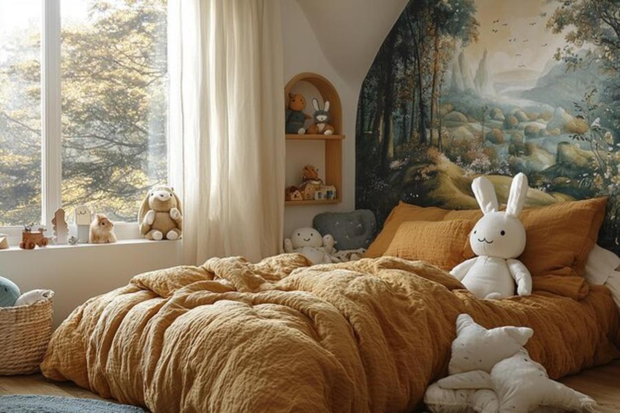 Une Cozy kids room chaleureuse avec un lit bas ocre et une murale de forêt enchantée.
