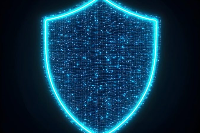 Un bouclier de données bleu néon formant un Digital shield protecteur sur fond noir.