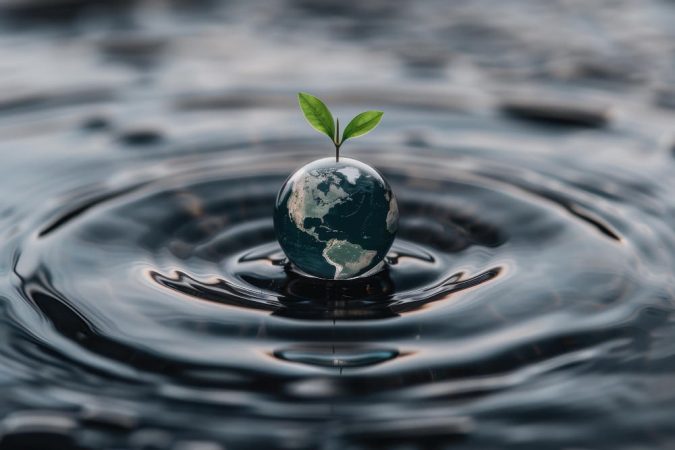 Un petit globe terrestre surmonté d'une jeune plante verte flottant sur l'eau, évoquant le recyclage eaux grises