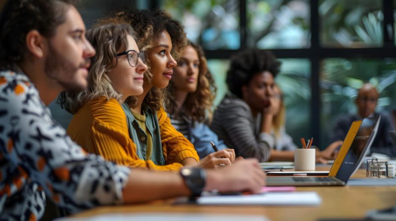 Groupe d'étudiants attentifs lors d'un cours de bachelor RH Nantes dans une salle moderne.