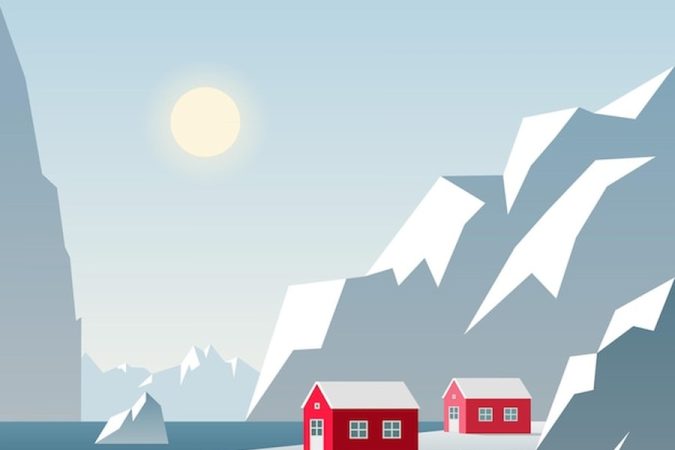 Deux maisons rouges traditionnelles nichées au pied de montagnes enneigées dans un vaste Nordic landscape.