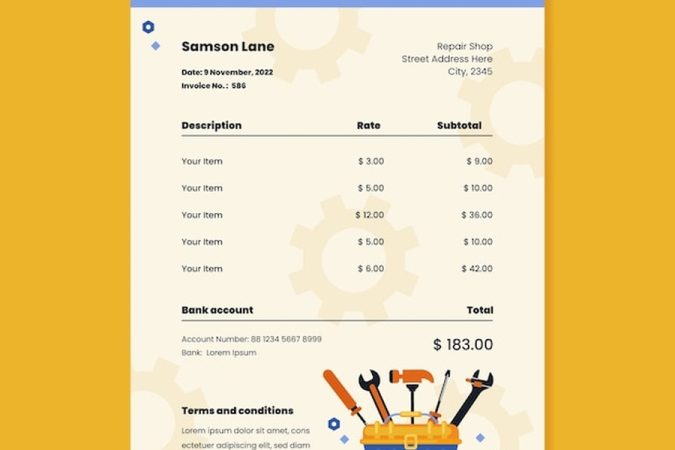 Modèle de facture d'artisan avec détail des coûts de service et montant total, illustrant les stratégies de facturation conformes au 'Le Devis Payant : Guide légal et stratégies de rentabilité pour les artisans facturant l’étude technique et les visites préalables'.