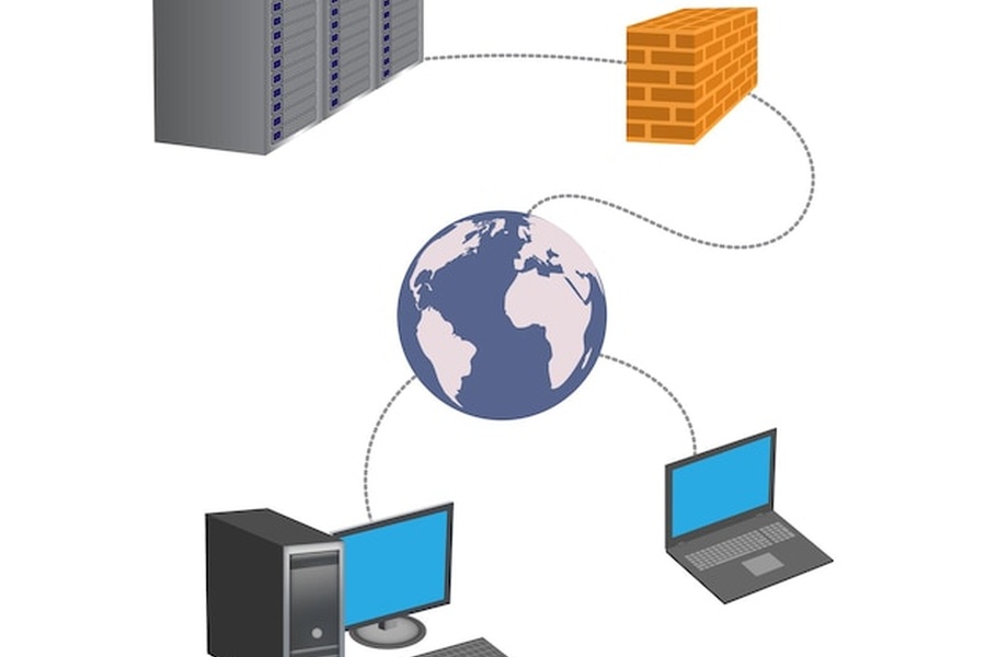 Un réseau informatique interconnecté reliant un local server PC et des terminaux mobiles via un pare-feu et Internet.