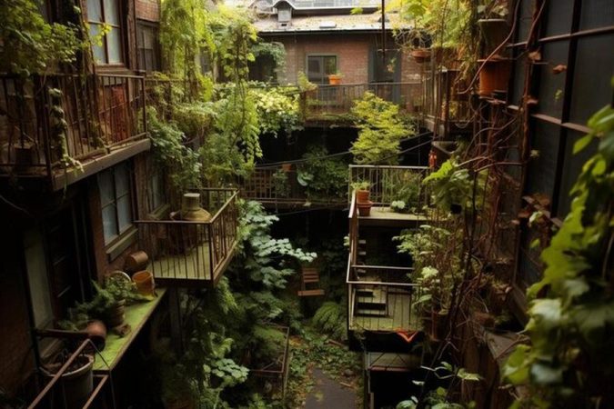 Végétation dense et luxuriante dans une cour d'immeuble appliquant la Méthode Miyawaki : Comment créer une micro-forêt urbaine dans un petit jardin de 10m2.