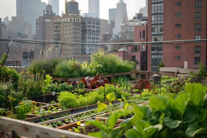 Un jardin urbain luxuriant installé sur un toit terrasse, illustrant les principes d'une Micro-forêt Miyawaki : Comment créer un écosystème autosuffisant sur seulement 10m².