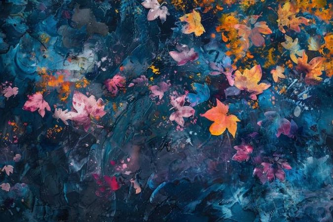 Des feuilles d'automne colorées flottent sur un fond bleu texturé, illustrant le résultat parfait après avoir appris à peindre sur du papier peint : la méthode étape par étape pour éviter les bulles et le décollage.