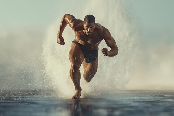 Un sportif puissant court à pleine vitesse dans l'eau pour illustrer le Programme Athlète Hybride : Comment concilier Musculation et Running sans sacrifier ses muscles.