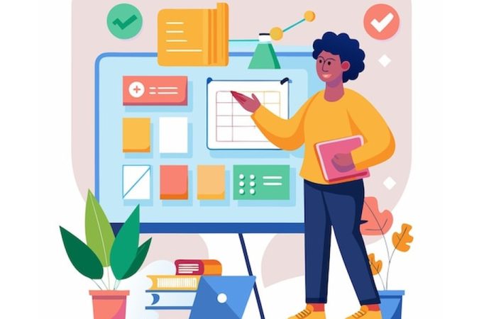 Une professionnelle de l'éducation organise des modules de formation sur un tableau de bord interactif pour sa Reconversion : Comment devenir Concepteur Pédagogique quand on est enseignant (Guide complet).