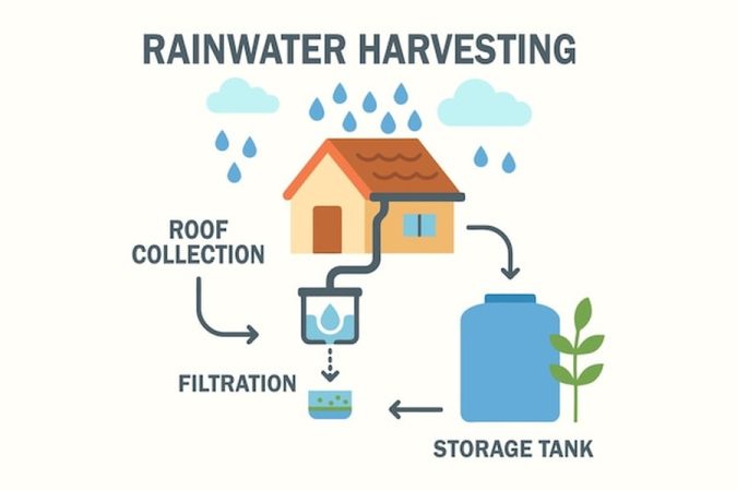 Le cycle efficace de récupération d'eau de pluie : guide complet pour la rendre potable et autonome à la maison, illustrant la collecte sur toiture, la filtration et le stockage.