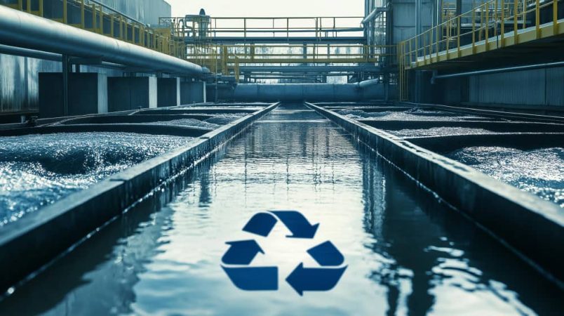 Bassins industriels de filtration et de traitement pour le recyclage eaux grises avec un logo de recyclage en premier plan