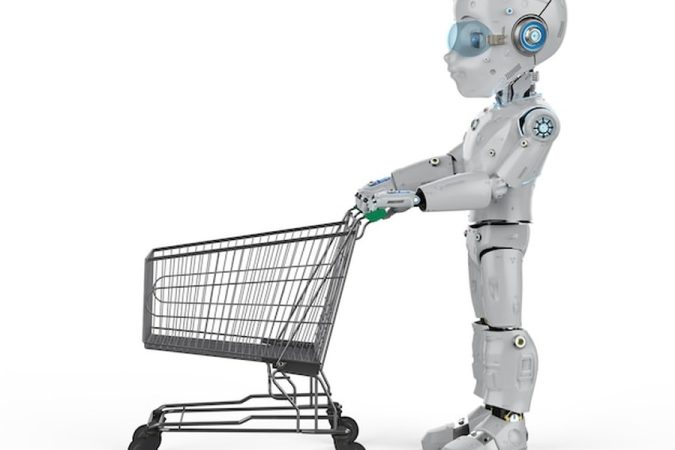 Un shopping robot blanc au design futuriste pousse un chariot de supermarché vide sur un fond blanc épuré.