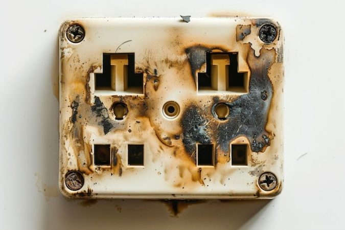 Une prise murale carbonisée et fondue illustrant l'importance d'agir face à un tableau électrique qui grésille ou siffle : diagnostic, dangers et solutions d'urgence.