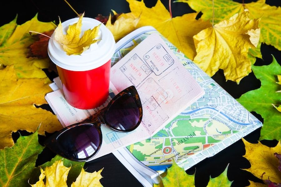 Un passeport ouvert, une carte de ville et des lunettes de soleil entourés de feuilles d'automne, illustrant le guide complet de la 'Coolcation' : comment choisir sa destination pour échapper à la canicule.