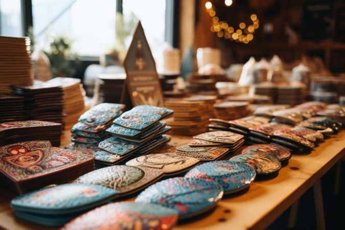Étalage de carnets et d'objets de décoration colorés lors d'une vente artisanal dans une boutique lumineuse.