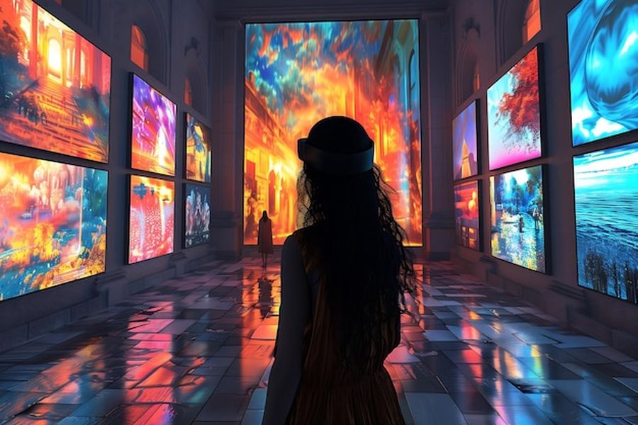 Une femme explore des œuvres numériques éclatantes dans une Virtual art gallery grâce à un casque de réalité virtuelle.