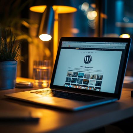 Un ordinateur portable ouvert sur un bureau affichant l'interface de gestion d'un site wordpress dans une ambiance de travail chaleureuse