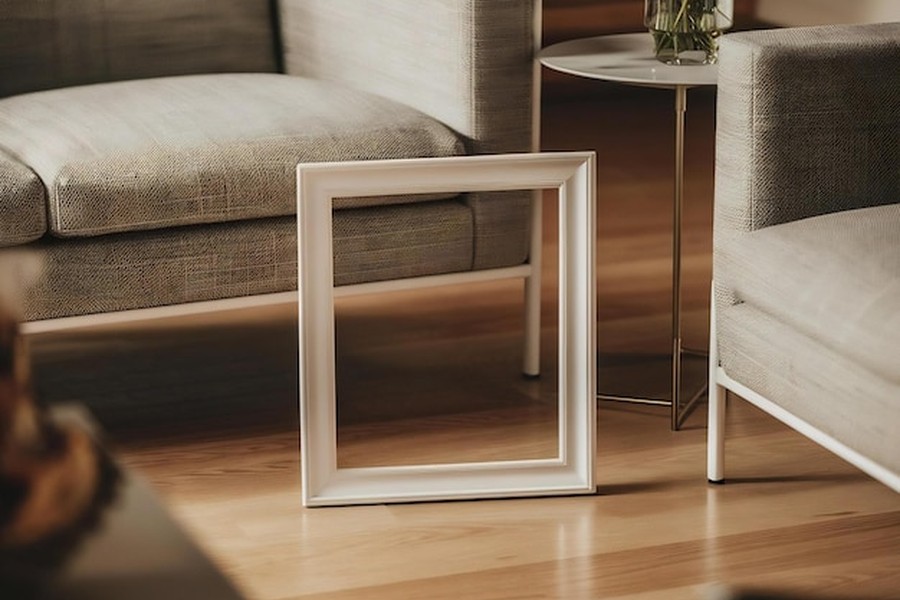 Un cadre blanc élégant posé sur un parquet clair entre deux fauteuils modernes pour aménager un petit salon rectangulaire.