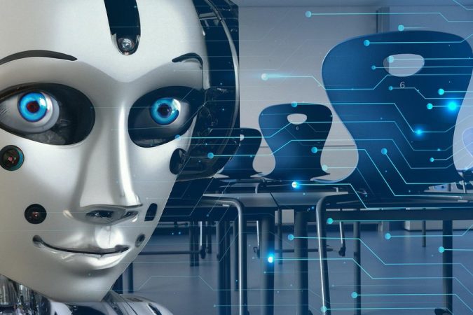 Un robot humanoïde aux yeux bleus dans une salle de classe moderne montrant comment automatiser la différenciation pédagogique sans y passer ses nuits.