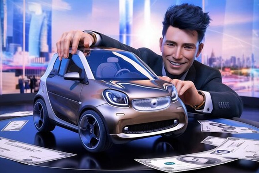 Un homme d'affaires souriant devant une petite voiture électrique entourée de billets pour expliquer comment gagner de l'argent en garant sa voiture : les étapes pour activer le V2G en 2026.