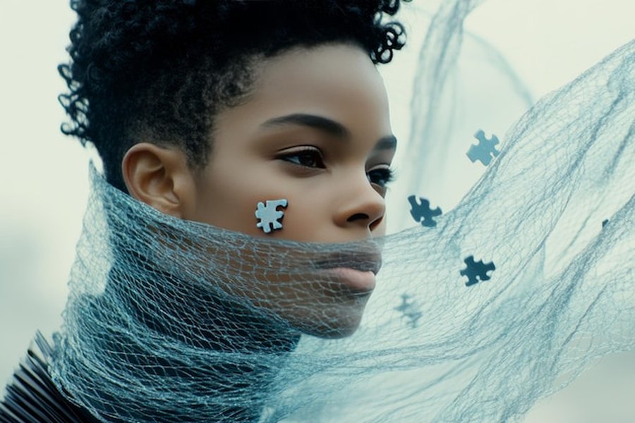 Une femme au regard serein dont le visage est partiellement enveloppé d'un voile en maille fine et de fragments de puzzle, illustrant comment protéger ses créations du clonage par IA avec le watermarking invisible.