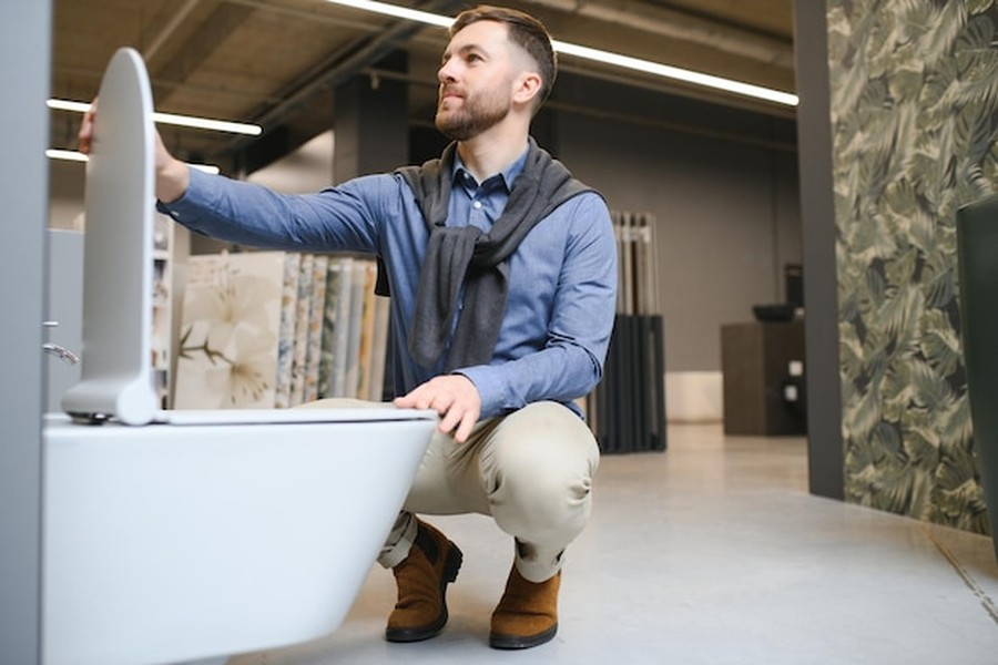 Un homme examine attentivement des équipements sanitaires dans un magasin pour apprendre à installer un système de recyclage d'eaux grises sous son évier sans plombier.