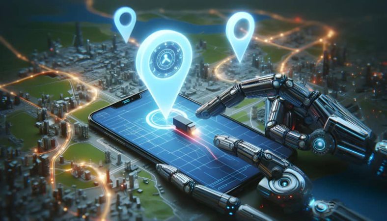 Une main robotique interagit avec l'écran d'un smartphone affichant une carte en 3D avec un camion de livraison, le tout coordonné par une IA locale au sein d'une ville miniature.