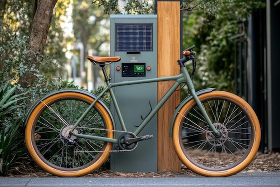Un vélo électrique au design vintage stationné devant une borne de recharge intelligente montrant comment transformer ses anciennes batteries de vélo électrique en station de stockage solaire domestique.