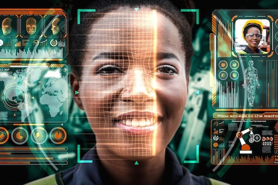 Un visage de femme analysé par une interface biométrique numérique haute technologie, illustrant les recours légaux contre le deepfake identitaire : comment protéger son image et sa réputation.