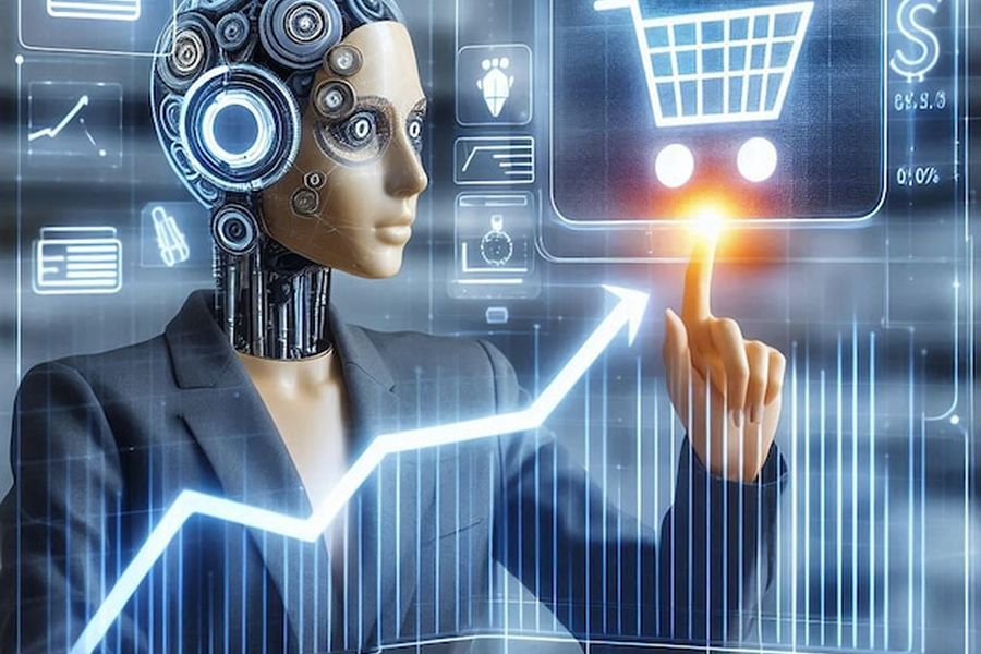 Un robot humanoïde en costume analyse des données financières et un panier d'achat virtuel pour montrer comment configurer un agent IA personnel pour automatiser ses achats et optimiser son budget.