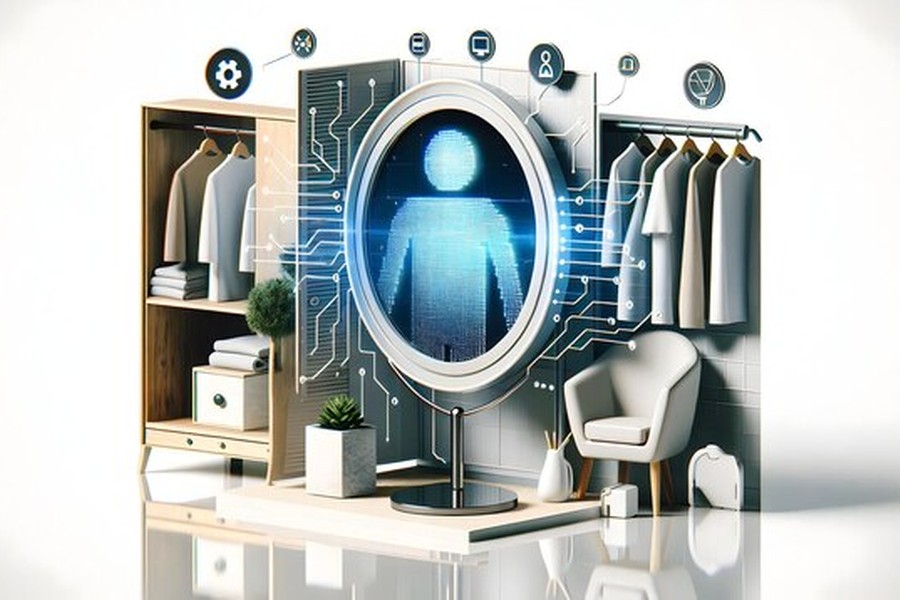 Une interface technologique futuriste connectée à un dressing moderne pour comprendre comment automatiser la gestion et la revente de sa garde-robe circulaire grâce à l'IA.