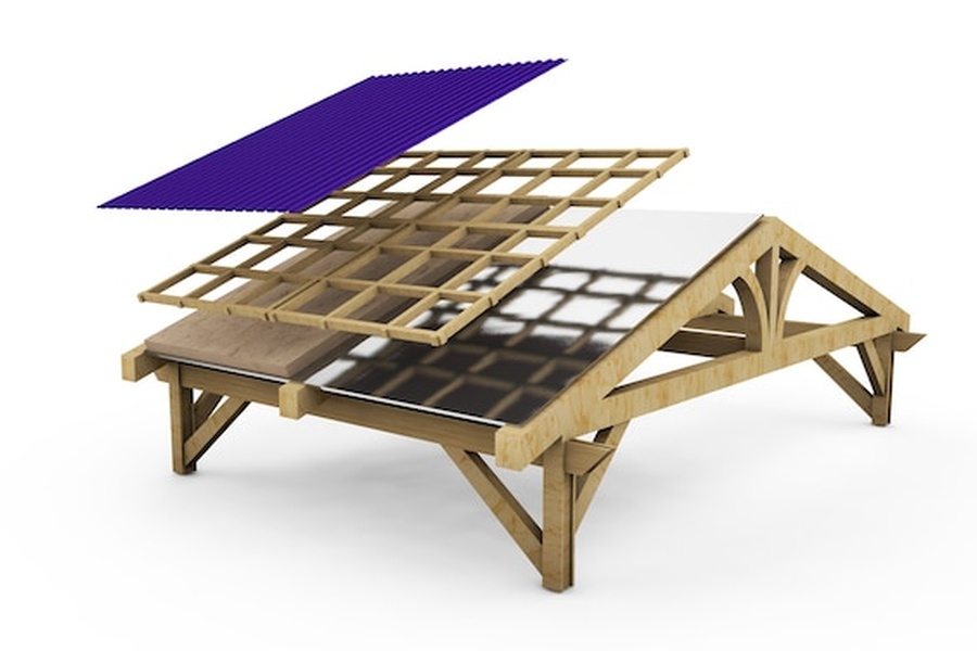 Structure multicouche montrant comment dimensionner une charpente bois pour panneaux photovoltaïques : Calcul de charge et erreurs à éviter.