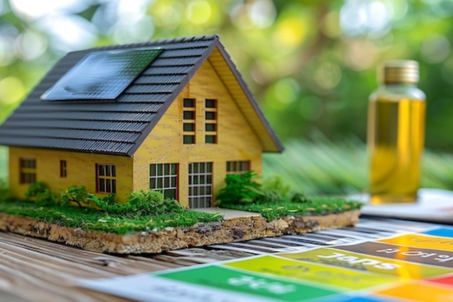 Maquette de maison écologique avec panneaux solaires illustrant la Réforme du DPE 2026 : comment mettre aux normes sa maison avant l'interdiction de location.