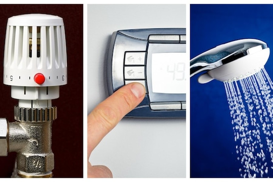 Une vanne thermostatique, un écran de contrôle de température et un pommeau de douche en marche pour illustrer comment installer un récupérateur de chaleur sur évacuation de douche pour chauffer l'eau gratuitement.