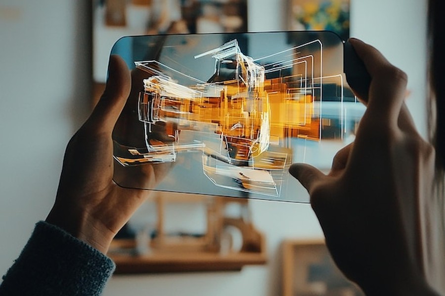 Une structure numérique lumineuse projetée sur une tablette transparente illustre parfaitement Le guide complet pour créer des œuvres d'art hybrides : Ajouter une couche de réalité augmentée sur vos toiles physiques.