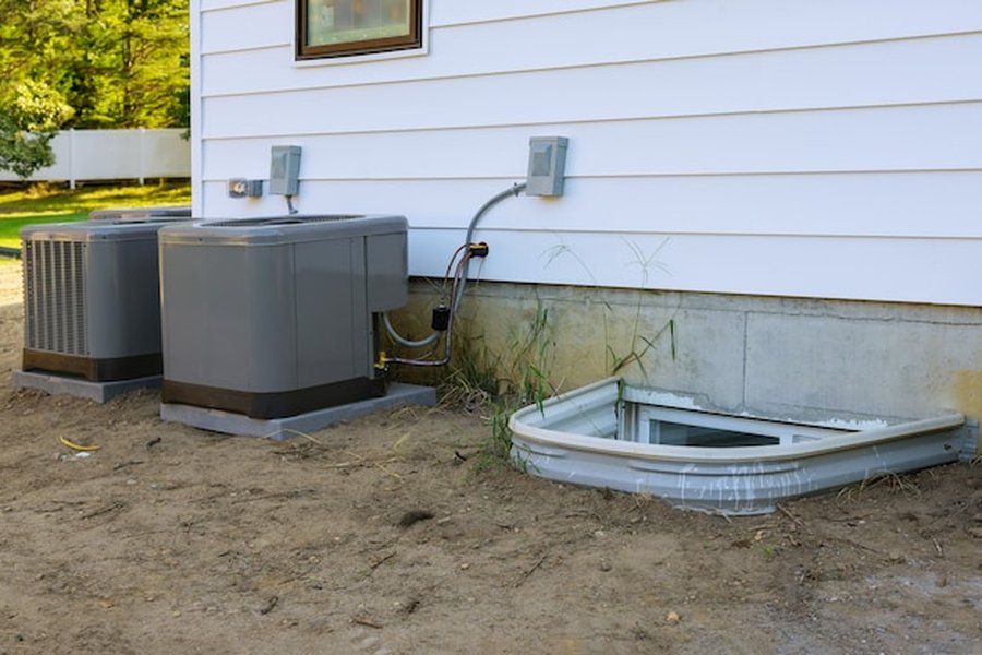 Un aménagement technique extérieur près des fondations d'une habitation moderne illustrant les étapes pour comprendre comment installer un système de recyclage d'eaux grises domestique pour alimenter ses WC.