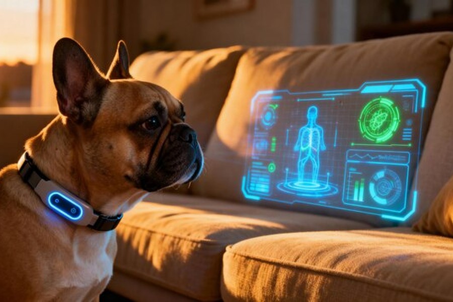 Un bouledogue français attentif devant une interface holographique expliquant comment interpréter les biomarqueurs de stress de son chien via les applications de santé connectées.
