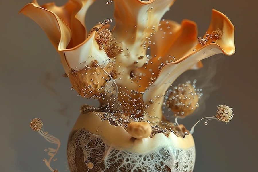 Une structure fongique complexe aux teintes dorées et texturées illustrant comment créer des peintures bio-organiques à partir de micro-organismes et de champignons.