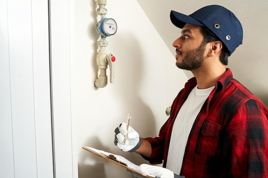 Un technicien qualifié examine le compteur d'eau d'une habitation pour installer un système de récupération de chaleur sur eaux usées domestiques : le guide complet.