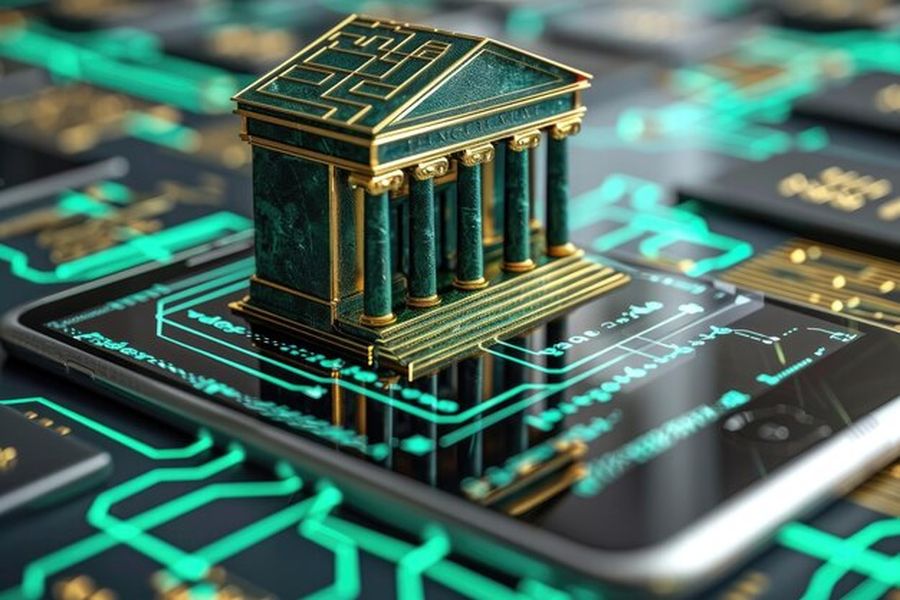 Un édifice bancaire aux colonnes dorées et à la structure émeraude repose sur un smartphone au milieu de circuits imprimés lumineux pour représenter la Monnaie Numérique de Banque Centrale (MNBC) : ce qui change concrètement pour votre compte bancaire en 2026.