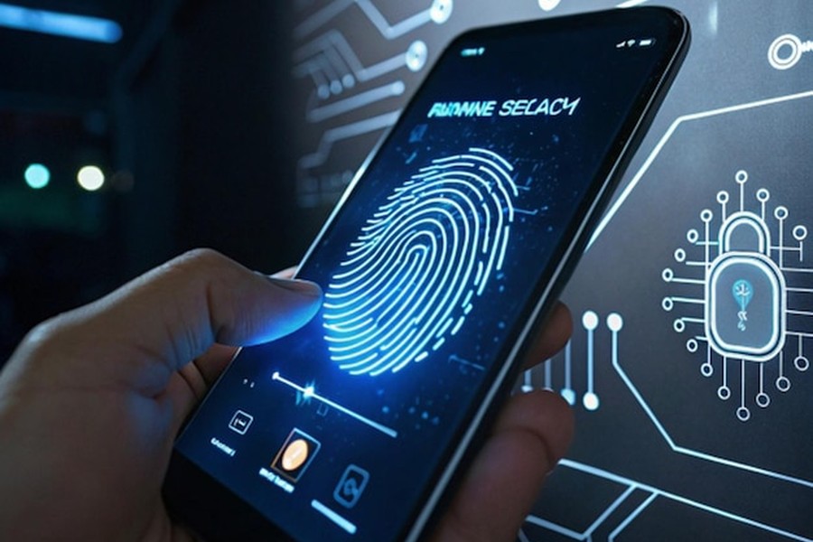 Une main scanne une empreinte digitale sur l'écran d'un smartphone sécurisé, illustrant la mise en conformité avec la Réglementation 2026 sur la sécurité des données biométriques : bien choisir son babyphone à intelligence artificielle.