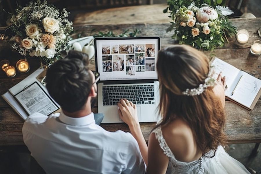 Un couple de mariés assis devant un ordinateur découvre ses souvenirs numériques, illustrant l'expertise d'un Wedding Content Creator : missions, tarifs et conseils pour choisir ce nouveau prestataire de mariage.