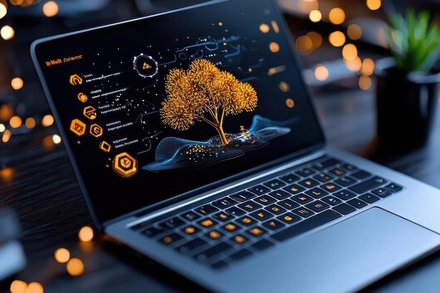 Un écran d'ordinateur portable affichant un arbre de données doré lumineux pour comprendre comment exploiter le Dark Data de votre site pour générer du trafic organique en 2026.