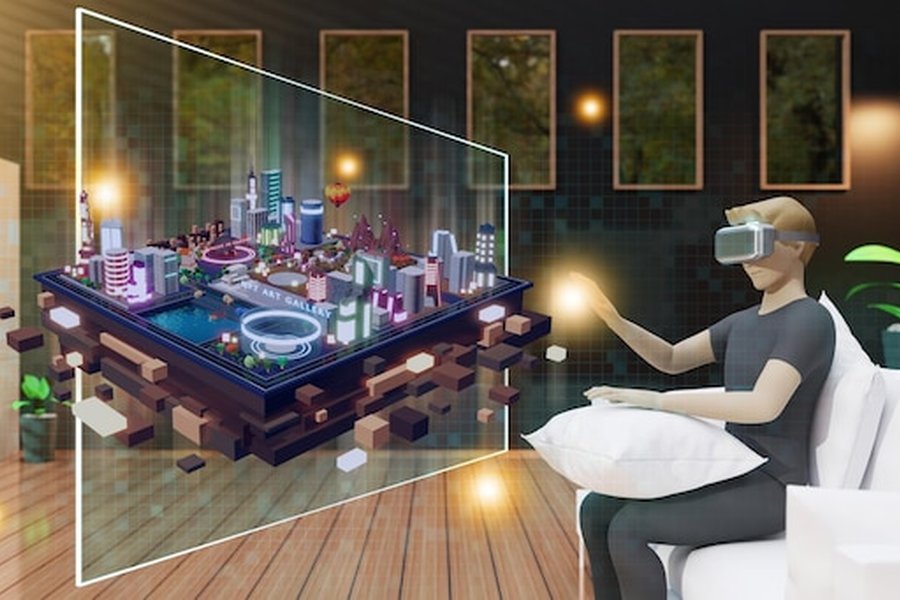 Un utilisateur explore une ville holographique en 3D avec un casque de réalité virtuelle, une étape clé pour découvrir comment transformer son domicile en musée numérique immersif.